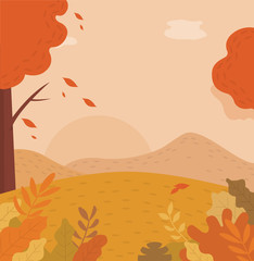 Background of flat autumn landscape vector - landscape illustration.	