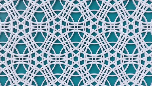 Arabesque looping geometric pattern. Blue and white islamic 3d motif. Arabic oriental animated background.