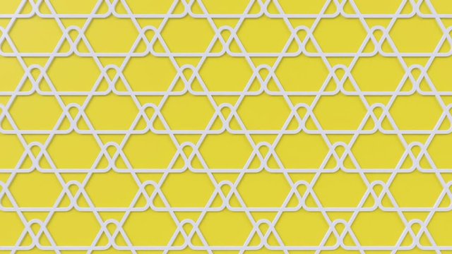 Arabesque looping geometric pattern. White and yellow islamic 3d motif. Arabic oriental animated background. Muslim moving wallpaper.
