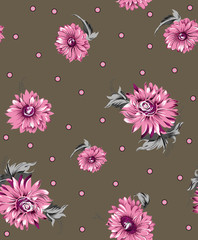 Ethnic floral seamless pattern on dark background with decorative pink flowers