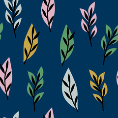 Seamless floral pattern with leaves on deep blue background for surface design and other design projects