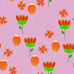 Obraz premium Floral hand drawn seamless pattern. Orange flowers in scandinavian style. flat hand drawn backdrop. Spring, summer holidays presents and gifts wrapping paper,For textiles, packaging, fabric, wallp