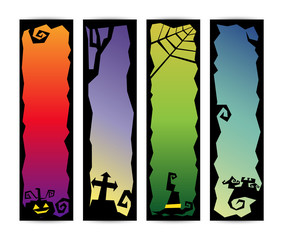 happy halloween banner set, night party greeting, black frame silhouette, vector illustration