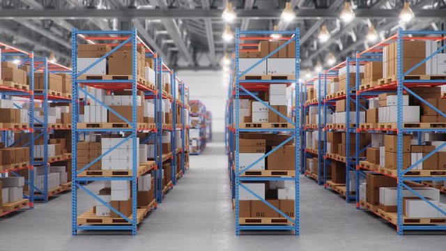 Warehouse with cardboard boxes inside on pallets racks, logistic center. Huge, large modern warehouse. Warehouse filled with cardboard boxes on shelves. Loop-able seamless 4K 3D animation