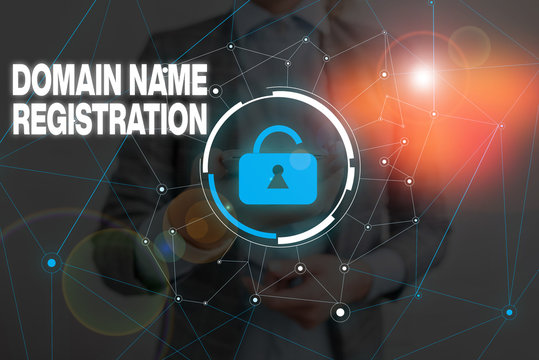 Handwriting text writing Domain Name Registration. Conceptual photo Own an IP Address Identify a particular Webpage Woman wear formal work suit presenting presentation using smart device