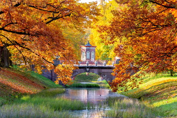 Cross bridge in Alexander park in autumn, Pushkin (Tsarskoe Selo), St. Petersburg, Russia