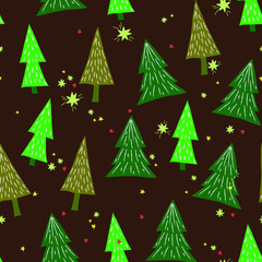 Fototapeta premium Christmas trees hand drawn seamless vector pattern. Xmas sketch texture. Color decorated fir trees. Winter holiday scandinavian illustration. New Year textile, wrapping paper, background design