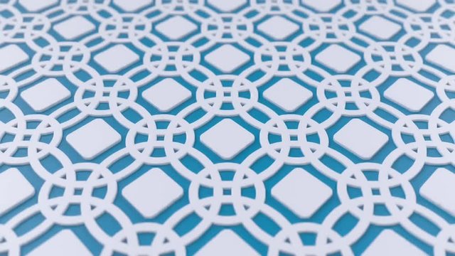 Arabesque looping geometric pattern. Blue and white islamic 3d motif. Arabic oriental animated background.