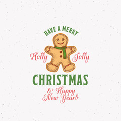 Merry Christmas Abstract Vector Retro Label, Sign or Logo Template. Colorful Hand Drawn Gingerbread Cookie Man Sketch Illustration with Vintage Typography. Shabby Texture Background.