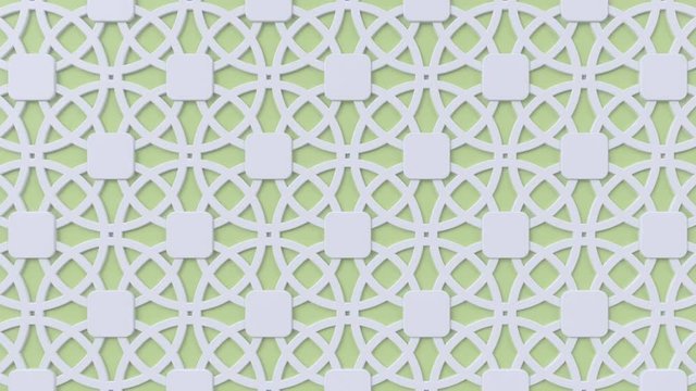 Arabesque looping geometric pattern. Green and white islamic 3d motif. Arabic oriental animated background.
