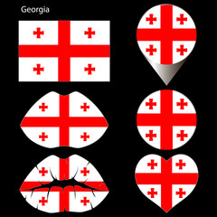 Obraz premium Flag of Georgia, set. Correct proportions, lips, imprint of kiss, map pointer, heart, icon. Abstract concept. Vector illustration on black background.