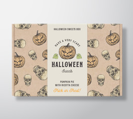 Halloween Sweets Pattern Realistic Cardboard Box with Banner. Abstract Vector Packaging Design or Label. Hand Drawn Witch Pumpkins and Sculls Sketches. Craft Paper Background Layout.