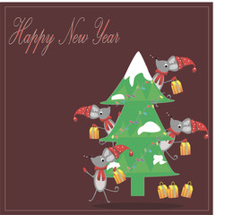 Year of the rat. Mice with presents. Happy New Year. Copyspace. Winter card