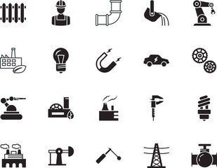 factory vector icon set such as: heater, rig, person, transformer, post, glass, panel, heating, magnetism, avatar, tree, efficient, welder, supervisor, voltage, drain, renewable, sustainable