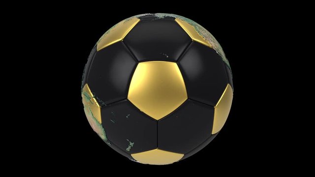 Realistic soccer ball isolated on black screen. 3d seamless looping animation. Detailed world map on black and gold soccer ball.