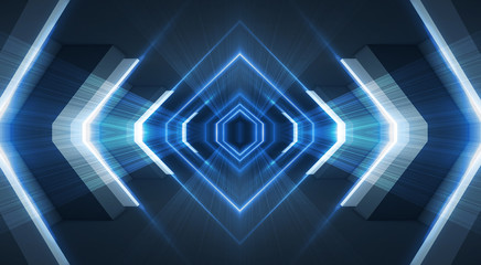 Abstract light tunnel, stage, portal with rays, neon lights and spotlights. Dark empty scene with neon. Abstract blue background, light, smoke. Symmetric reflection, perspective. 3D rendering.