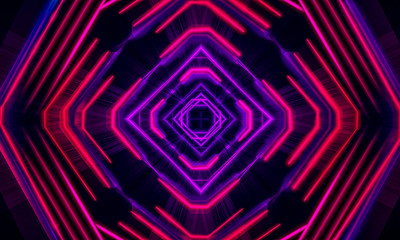 Abstract light tunnel, stage, portal with rays, neon lights and spotlights. Dark empty scene with neon. Abstract blue background, light, smoke. Symmetric reflection, perspective. 3D rendering.
