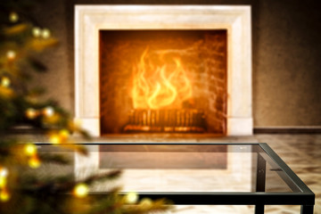 Glass coffee table of free space for your decoration and fireplace background in home interior 