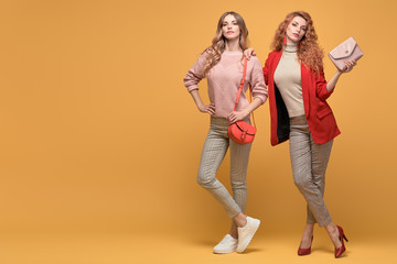 Fototapeta premium Two fashionable woman sisters in Trendy autumn red pink outfit, stylish hair, makeup. Joyful friends in jacket, jumper smiling on orange. Cheerful girl, stylish fashion accessories, beauty style