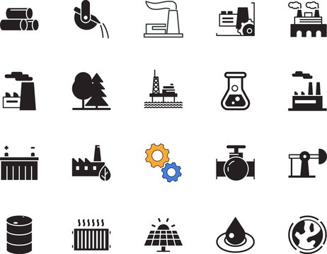 factory vector icon set such as: radiator, flask, battery, landscape, education, blue, material, tank, erlenmeyer, tree, chemistry, glass, image, heat, world, smelting, branch, laboratory, heating