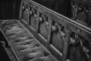 Church Pew with Velvet Cushion and Wooden Carvings in Black and White