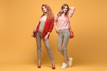 Two fashionable woman sisters in Trendy autumn red pink outfit, stylish hair, makeup. Joyful friends in jacket, jumper smiling on orange.Cheerful girl, stylish fashion accessories, creative concept