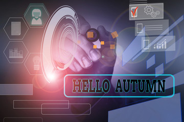 Handwriting text Hello Autumn. Conceptual photo it is the season after summer, when leaves fall from trees Male human wear formal work suit presenting presentation using smart device
