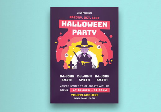 Halloween Party Flyer Layout With Witch Illustration