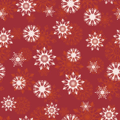 Naklejka na ściany i meble Simple red and white bohemian Christmas lace overlapping snowflakes vector seamless pattern background for fabric, wallpaper, scrapooking projects for the winter Holidays.