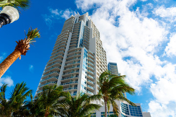 Fototapeta na wymiar Skyscrapers and palm trees in Miami Beach