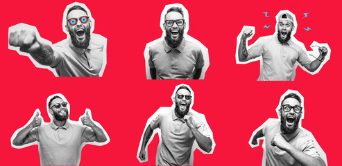Crazy hipster guy emotions. Collage in magazine style with happy emotions. Discount, sale, season...