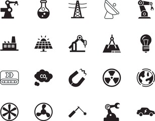 factory vector icon set such as: attract, torch, satellite, geography, vehicle, project, exhaust, globe, television, wire, transformer, logo, polarity, sun, signal, light, progress, oil, solar