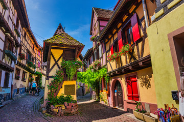 Undoubtedly, Eguisheim is one of the pearls of Alsace, an authentic fairytale place. - obrazy, fototapety, plakaty