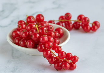 Red currants on a white plate on a marble background.