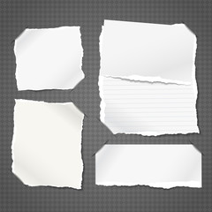 Torn white and lined note, notebook paper pieces stuck on black squared background. Vector illustration