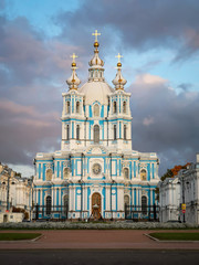 Fototapeta na wymiar Smolny (Resurrection of Christ) Cathedral in St. Petersburg, Russia. The work of the great architect Rastrelli in the Baroque style. October 5, 2019.