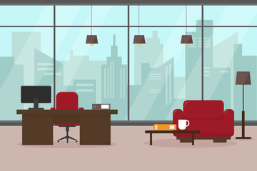 Modern living room or office with big window and furniture. Workplace in big modern city. Interior vector illustration.