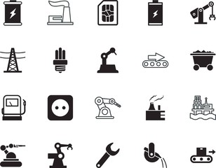 factory vector icon set such as: direction, fossil, natural, liquid, metallurgy, saving, mining, raw, control, contour, iron, pixel, grid, european, light, logistics, idea, bulb, profession, pylon