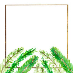 Watercolor hand painted squared nature frame with gold lines frame and different gree fir branches isolated on the white background for invitations and greeting cards with the space for text