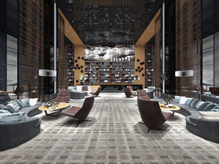 Modern luxury lobby hotel interior with luxurious furniture. 3d rendering - obrazy, fototapety, plakaty