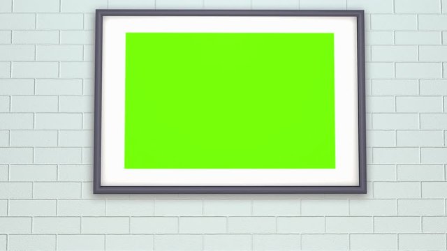 Room with a frame for a photo or painting hanging on the wall. Isolated green background.