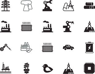 factory vector icon set such as: sea, sustainable, generator, save, pylon, unmanned, conduit, solar, offshore, sensor, board, road, vehicle, icons, animal, voltage, recycling, tube, plastic