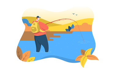 Man Standing Rod Fishing in River Nature Flat Design Illustration