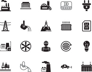 factory vector icon set such as: vehicle, ultrasonic, up, road, cooler, progress, safety, future, mechanism, clean, active, process, man, ventilator, radiator, crate, traffic, cellphone, support