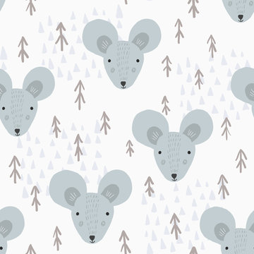 Cute seamless pattern with cartoon gray mice heads, brown fir trees and light blue mountains. Funny hand drawn mouse texture for kids design, wallpaper, textile, wrapping paper