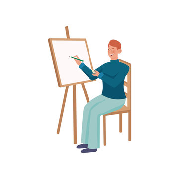 An artist with red hair in blue pants begins to draw on the easel. Vector illustration on a white background.