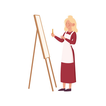 Girl in a red dress and a white apron begins to draw on the canvas. Vector illustration on a white background.