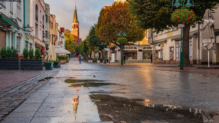Beautiful architecture of Sopot, church and Monte Cassino street at morning, Poland. October. - obrazy, fototapety, plakaty