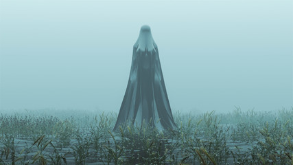 Black Spirit Demon Raising out of the Water Abstract Foggy Watery Void with Reeds and Grass background Front View 3d Illustration 3d render