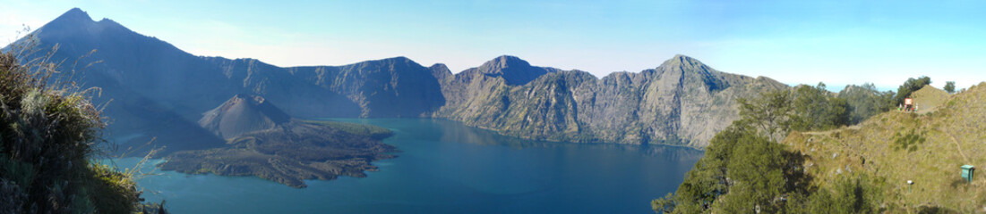 Panoramic view of  volcano Gunung Rinjani. Mount Rinjani National Park, Lombok island, Indonesia.